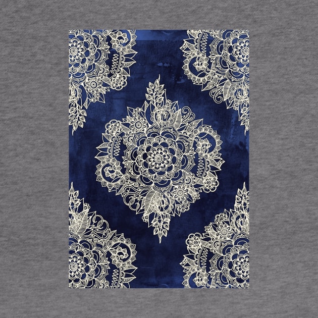 Cream Floral Moroccan Pattern on Deep Indigo Ink by micklyn